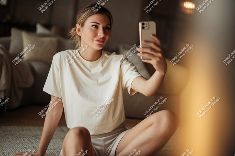 Woman taking selfie with phone indoor casual