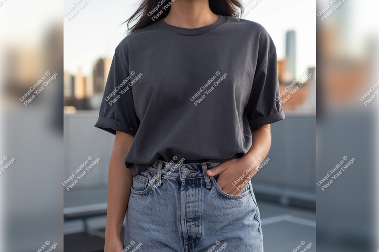 Woman Wearing A Dark Gray Tshirt Mockup example image 1
