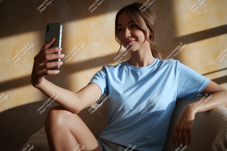 Young woman taking selfie with phone blue shirt