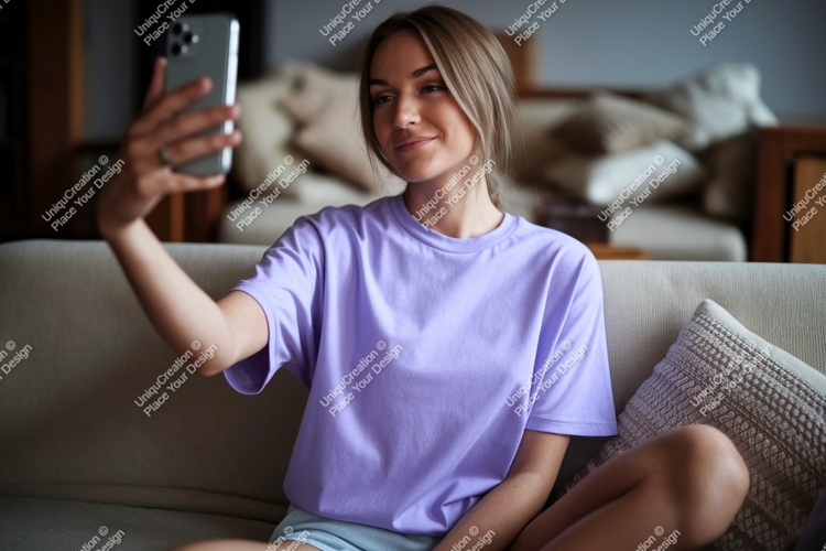 Woman taking selfie on sofa phone casual