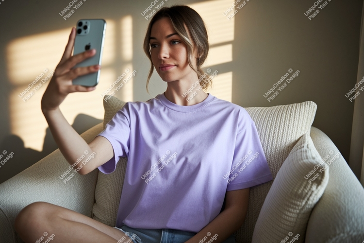 Woman taking selfie with phone indoor couch