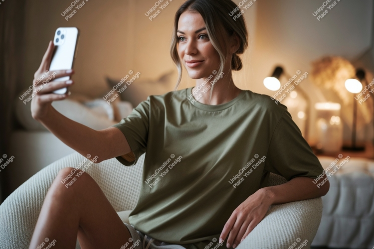 Woman taking selfie in armchair phone casual