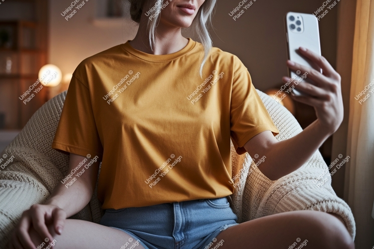 Woman taking selfie with phone t-shirt denim