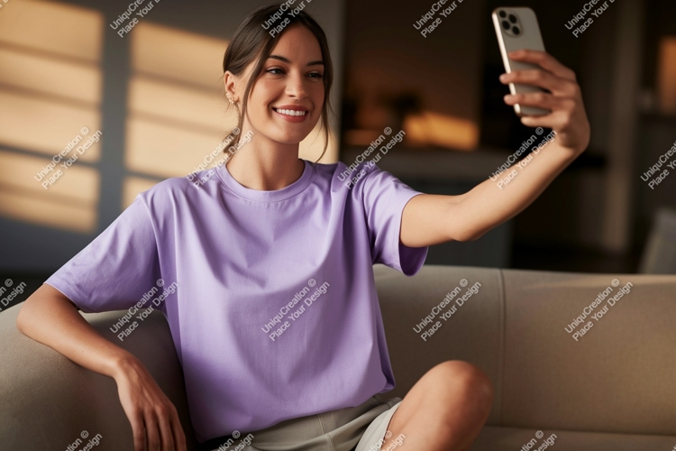 Woman taking selfie wearing purple t shirt phone