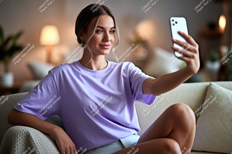 Young woman taking selfie on couch phone indoor