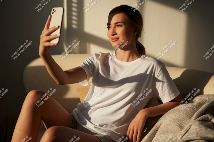 Woman taking selfie with phone couch indoor
