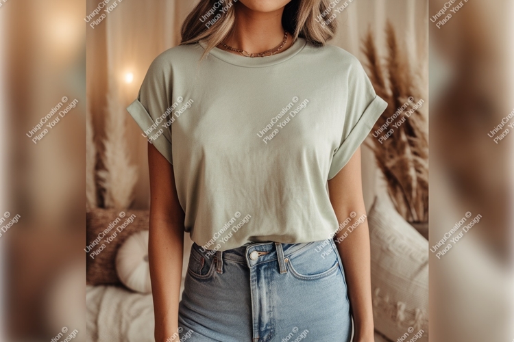 Woman Wearing Sage Green Tshirt Mockup example image 1