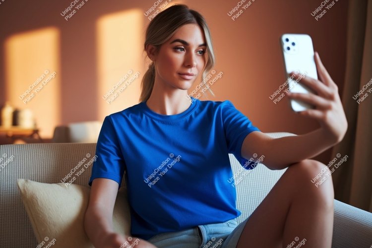 Woman taking selfie on couch phone blue