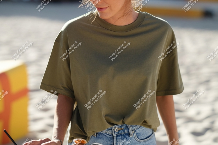 Olive green t shirt blue jeans image