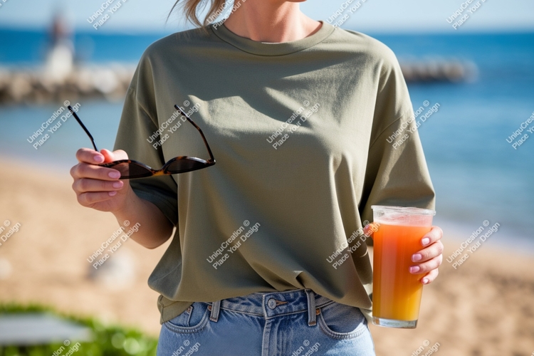 Woman holding sunglasses and drink on beach image