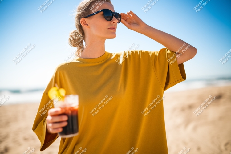 Woman holding drink on beach sunglasses yellow