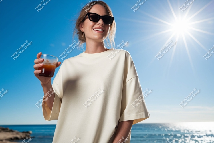 Woman holding drink sunglasses blue sky image
