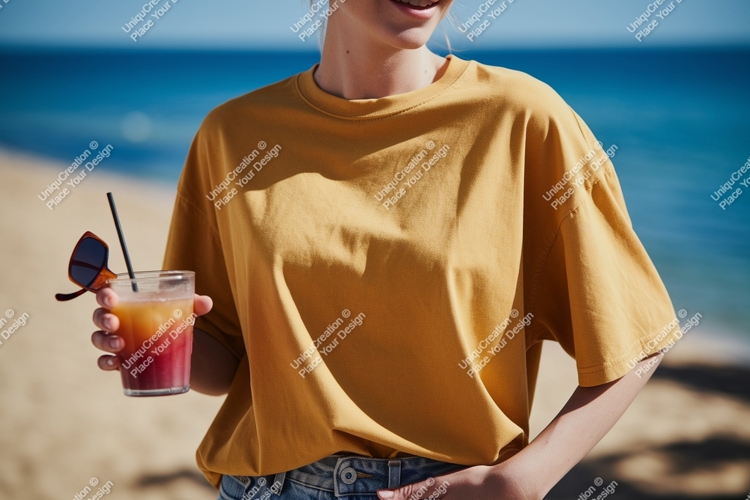 Yellow t shirt beach drink image