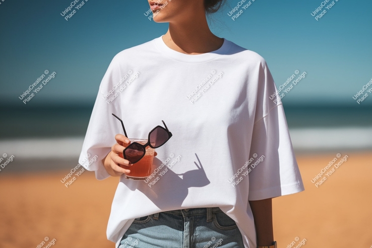 Woman holding drink sunglasses beach white t-shirt