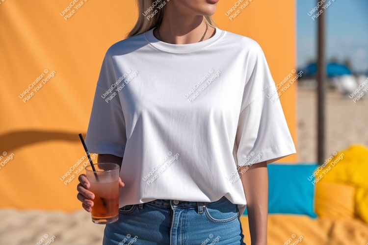 White t shirt blue jeans summer drink image