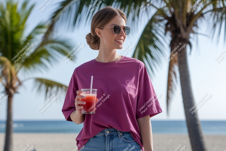 Woman holding pink drink under palm trees image example image 1