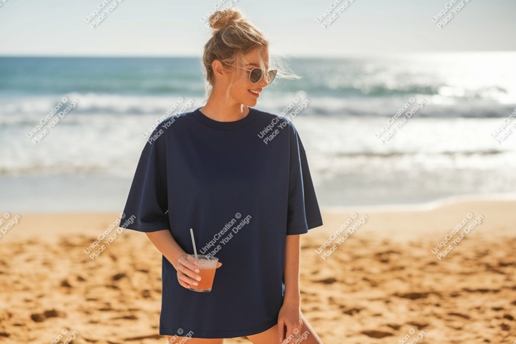 Woman wearing dark blue t shirt holding drink beach