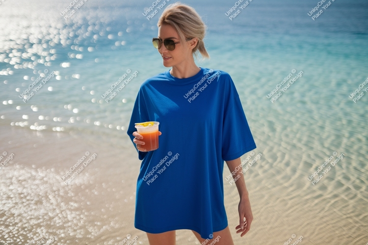 Woman holding drink on beach blue t-shirt