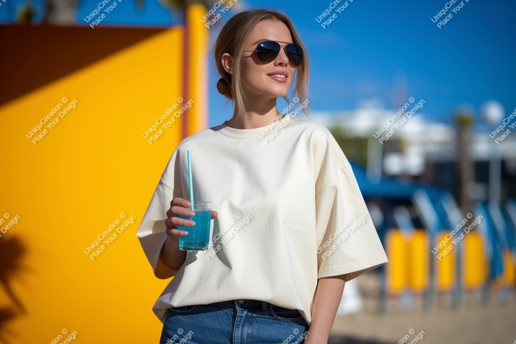 Woman holding blue drink wearing sunglasses image