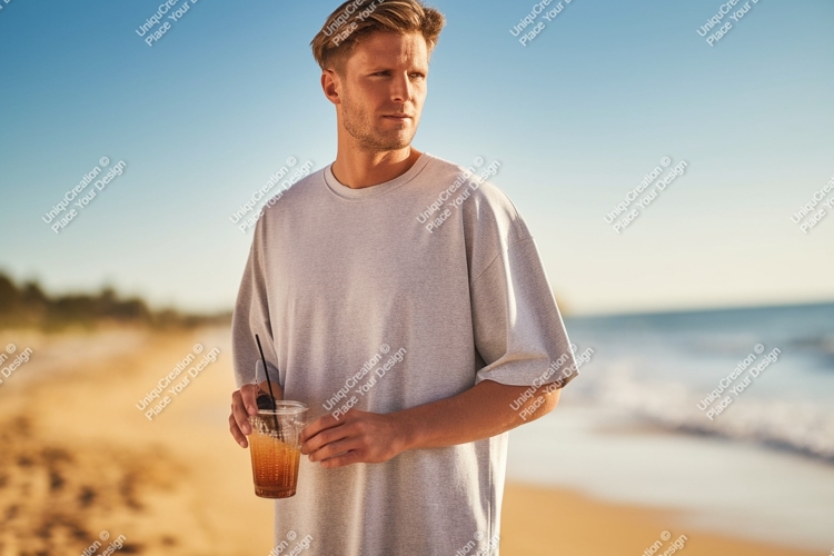 Man holding drink on beach ocean summer