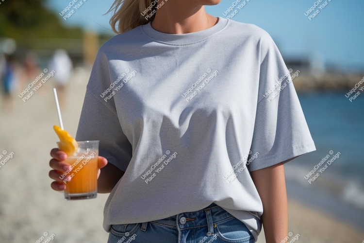 Gray t shirt drink beach image