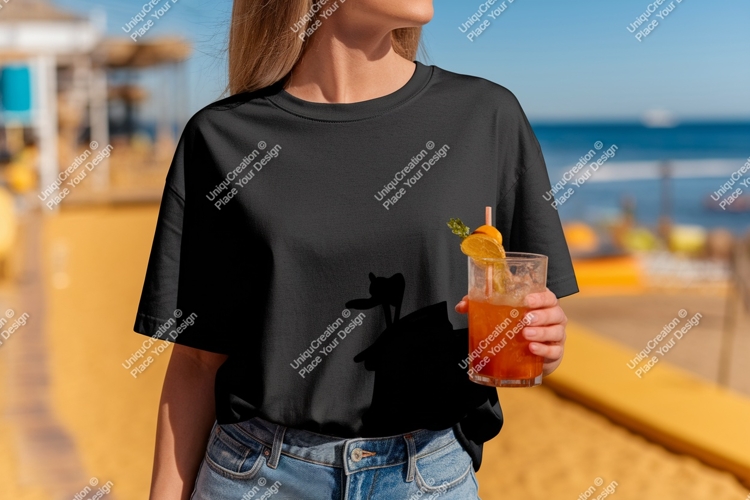 Black shirt with cat graphic and orange drink t-shirt
