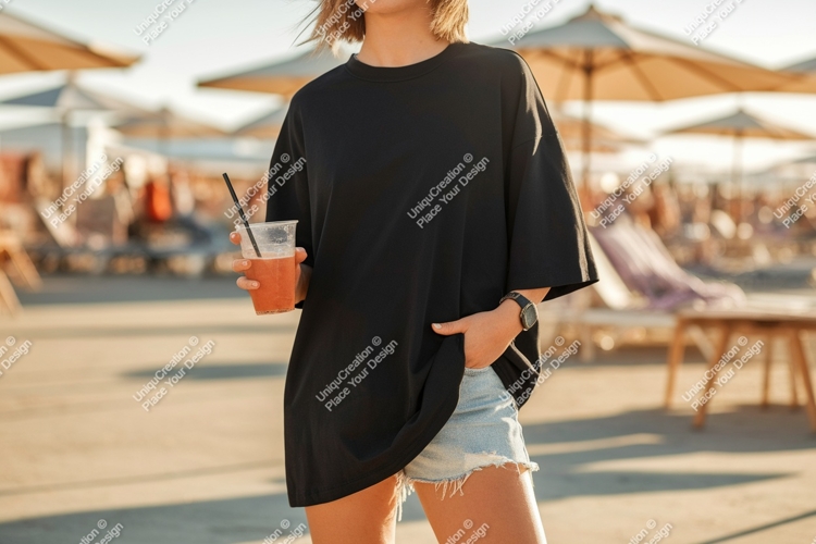 Black t shirt denim shorts drink image