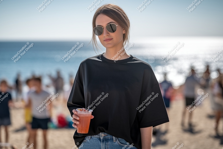 Woman holding drink on beach black t-shirt