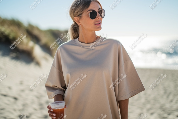 Woman wearing beige t shirt holding drink on beach