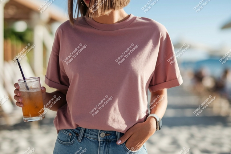 Pink t shirt blue jeans holding drink image