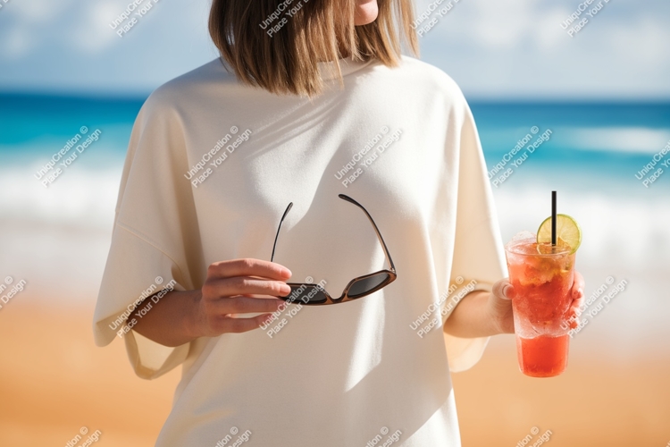 Woman holding sunglasses and cocktail on beach ocean