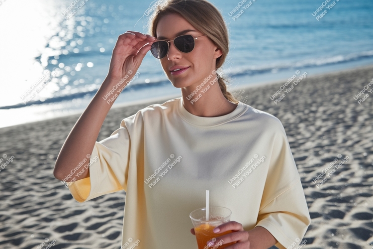Woman sunglasses beach drink ocean