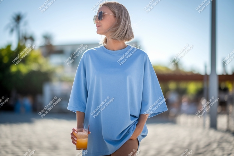 Woman wearing blue t shirt holding drink image