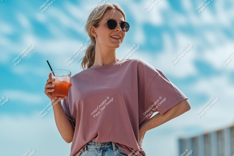 Woman pink shirt sunglasses holding drink image