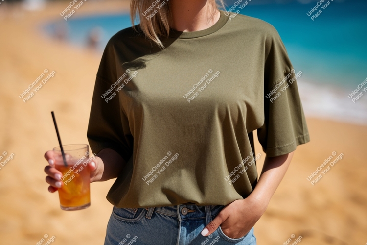 Olive green t shirt beach drink image