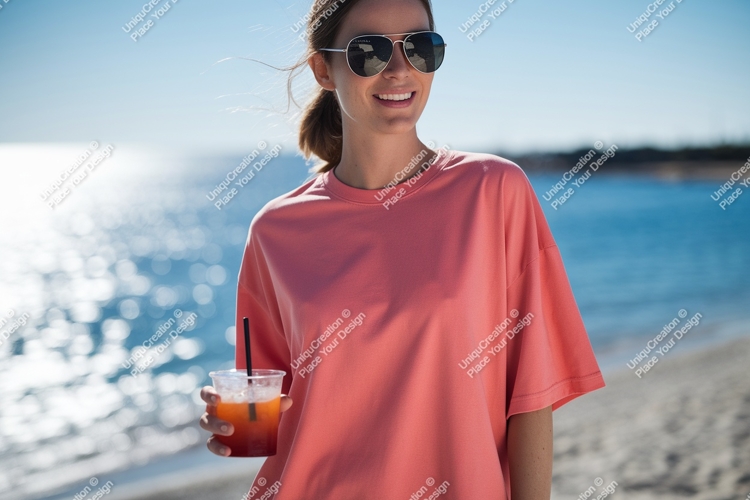 Woman wearing coral shirt holding drink sunglasses