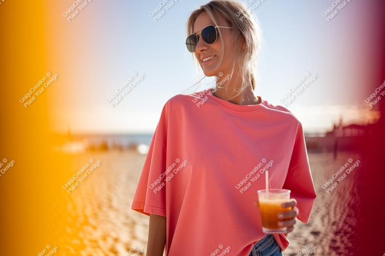 Woman holding drink on beach sunglasses summer