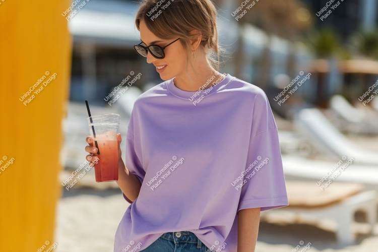 Woman holding pink drink wearing purple shirt sunglasses