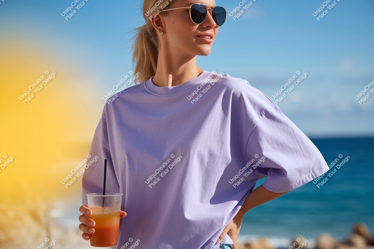 Woman holding drink sunglasses purple t-shirt