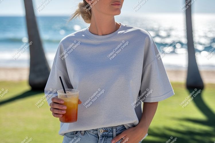 Light blue sweatshirt beach drink woman