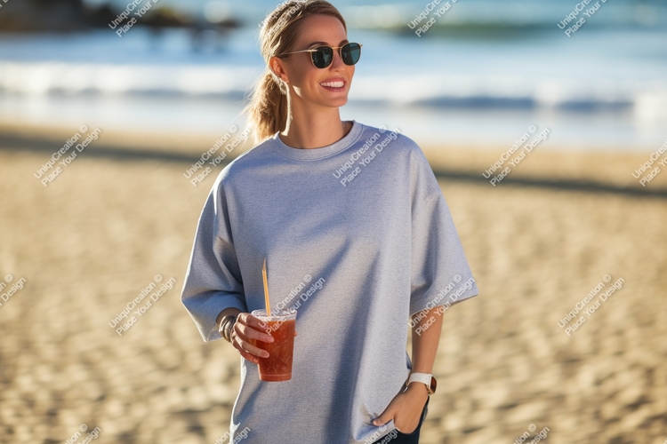 Woman wearing grey sweatshirt holding drink beach