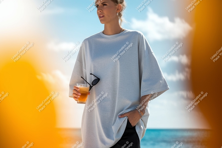 Woman holding drink sunglasses beach ocean