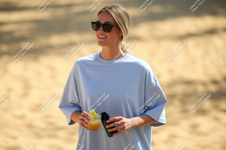 Woman holding drink and bottle sunglasses t-shirt
