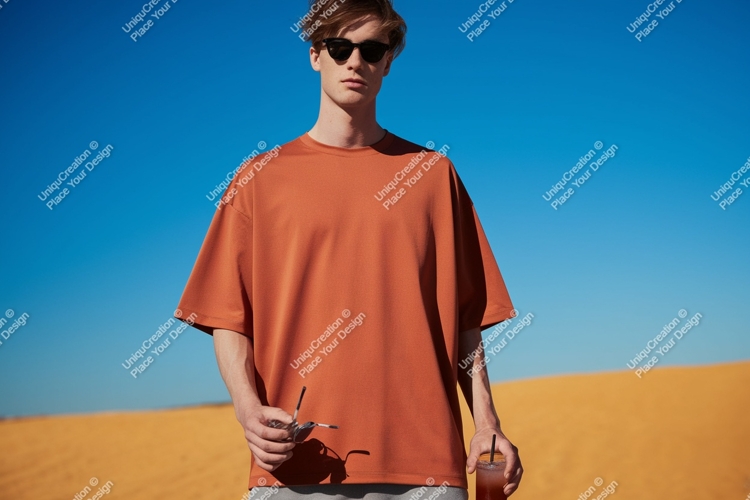 Man wearing orange t shirt sunglasses holding drink