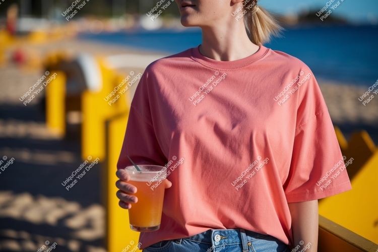 Coral shirt person holding drink image