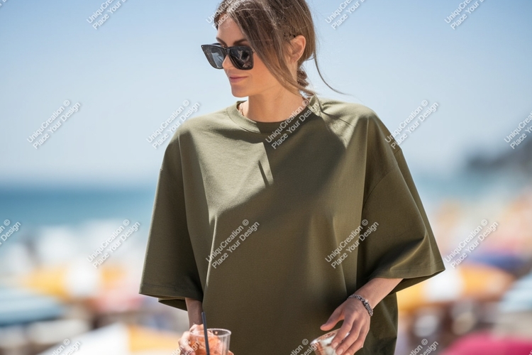 Woman wearing olive green t shirt and sunglasses image