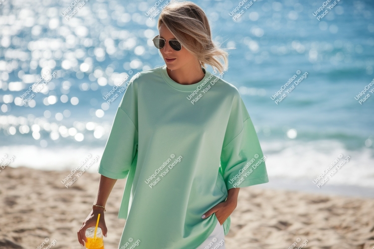 Woman wearing mint green oversized t shirt on beach