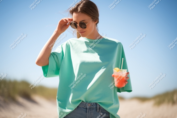 Woman wearing turquoise shirt holding cocktail beach