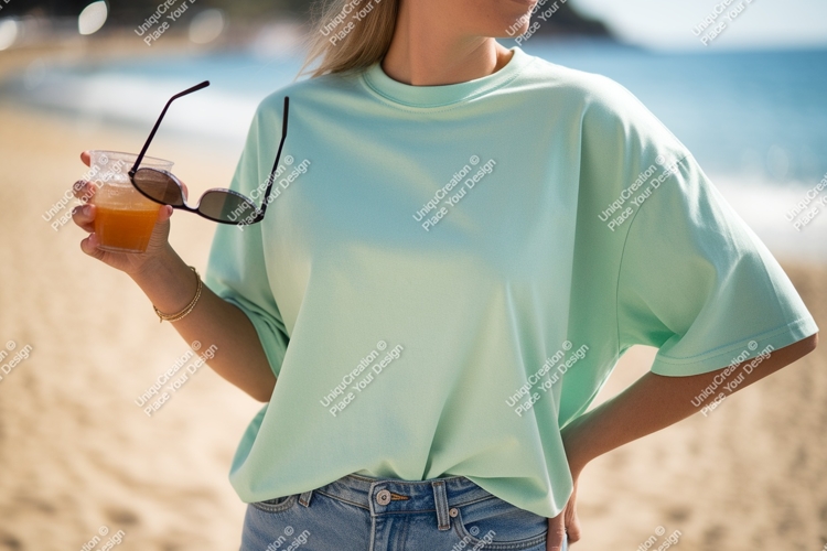 Woman holding drink and sunglasses on beach image