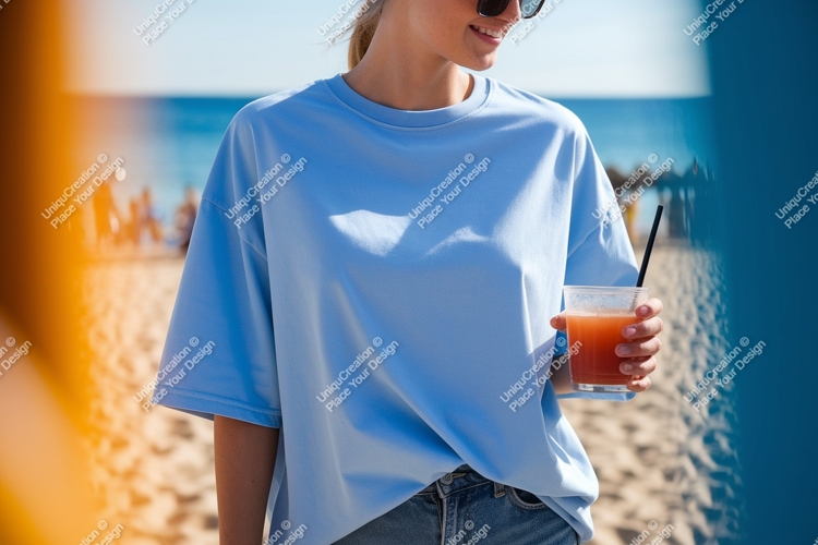 Blue shirt woman beach drink summer
